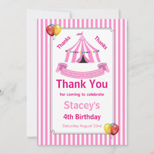 Circus Birthday Party Pink Thank You Card