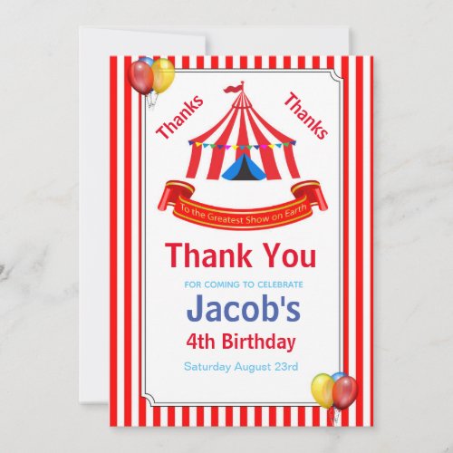 Circus Birthday Party Red Thank You Card