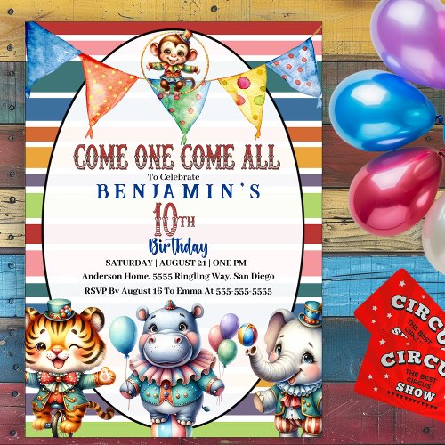 Circus Birthday Performing Animals 10th Birthday Invitation