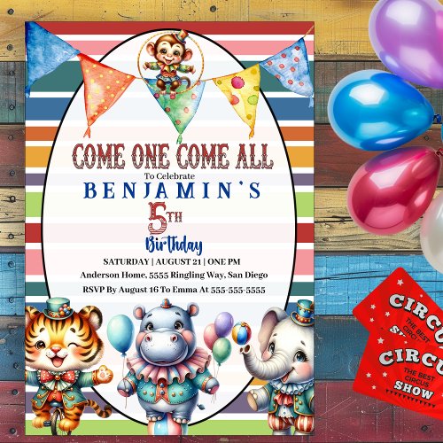 Circus Birthday Performing Animals 5th Birthday Invitation