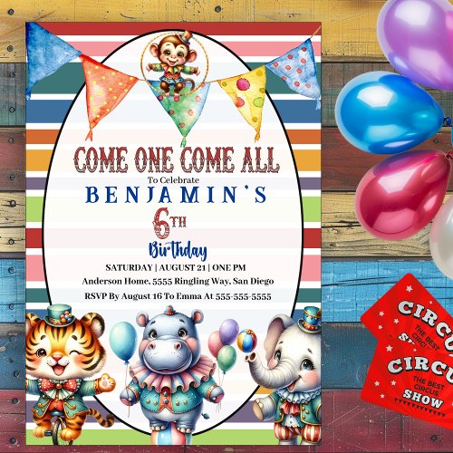 Circus Birthday Performing Animals 6th Birthday Invitation