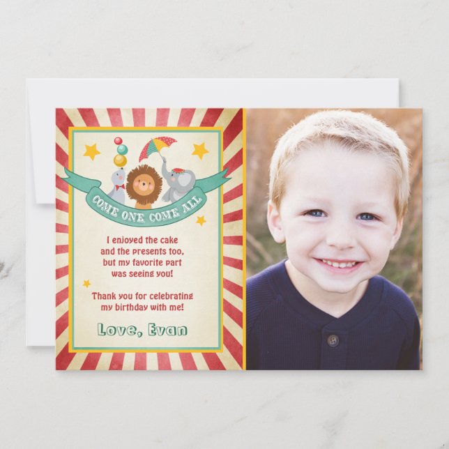 Circus birthday Thank you card Carnival Vintage (Front)