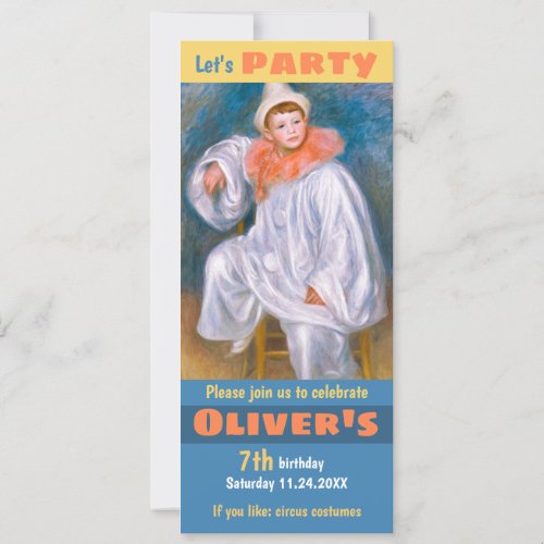 Circus birthday theme CC1067 Renoir White Pierrot Invitation