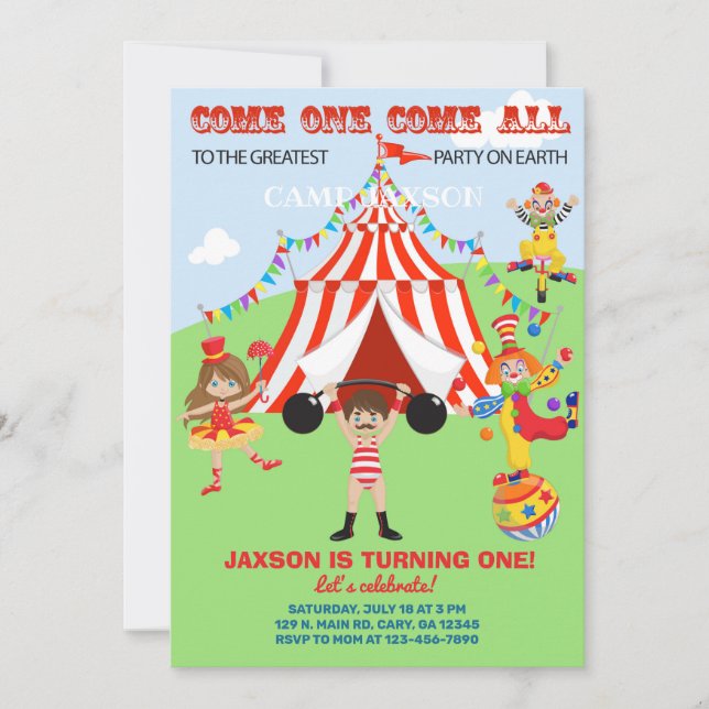 Circus boy birthday invitation, invite. invitation (Front)