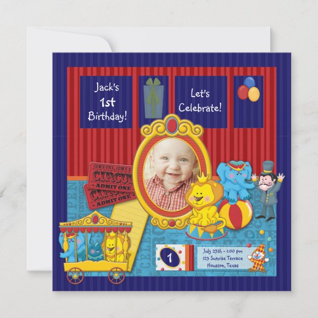 Circus Boys Photo 1st Birthday Party Invitation (Front)