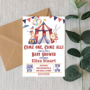 Circus Carnival Animal Red Blue Baby Shower  Invitation