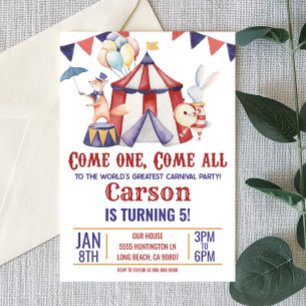 Circus Carnival Animal Red Blue Birthday Party Invitation