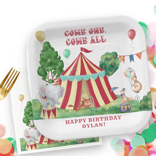Circus Carnival Animals and Big Top Personalized Paper Plates (Circus Themed Paper Plates personalized for Kids Birthday)