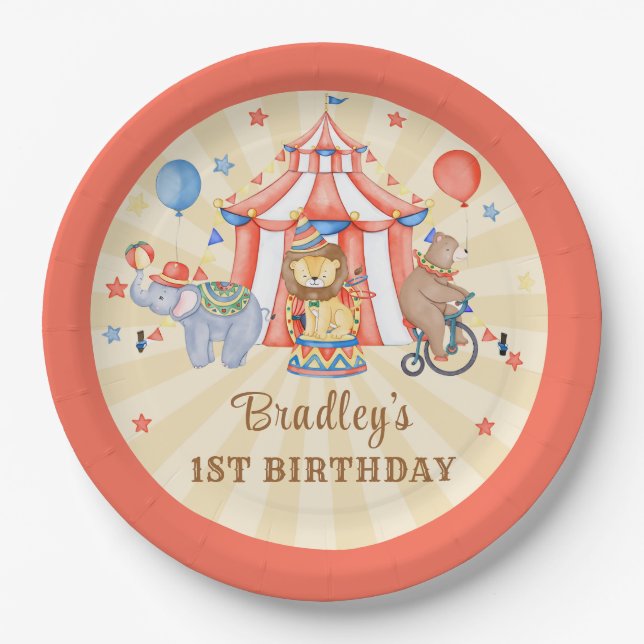Circus Carnival & Animals Birthday Party Paper Plates (Front)