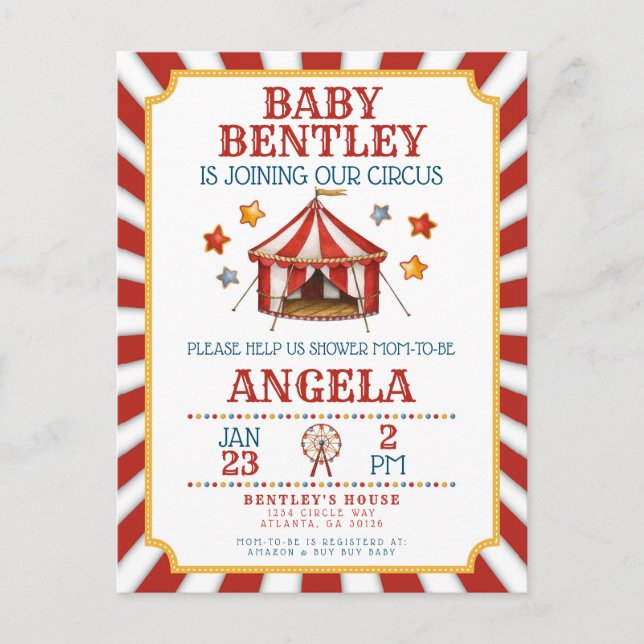Circus Carnival Baby Shower Invitation Postcard (Front)