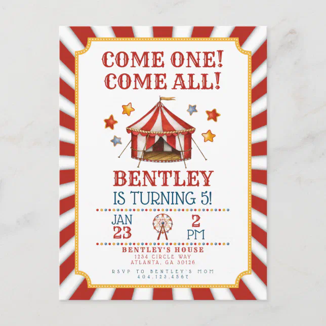 Circus Carnival Birthday Invitation Postcard | Zazzle