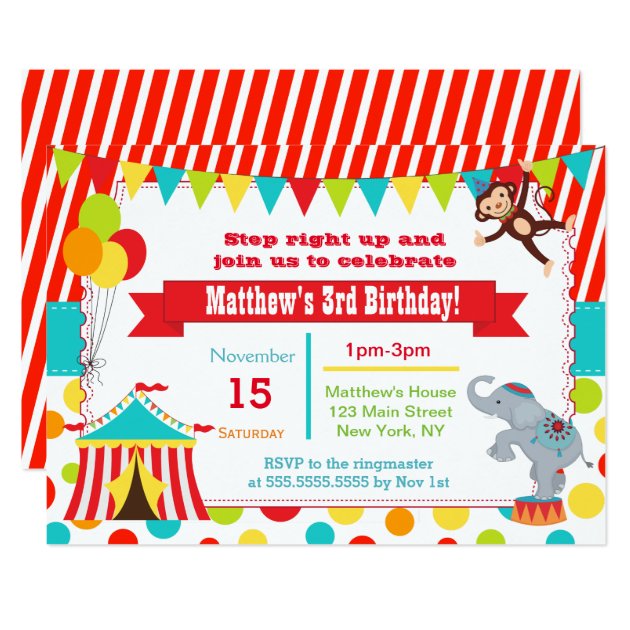 circus carnival birthday party invitations