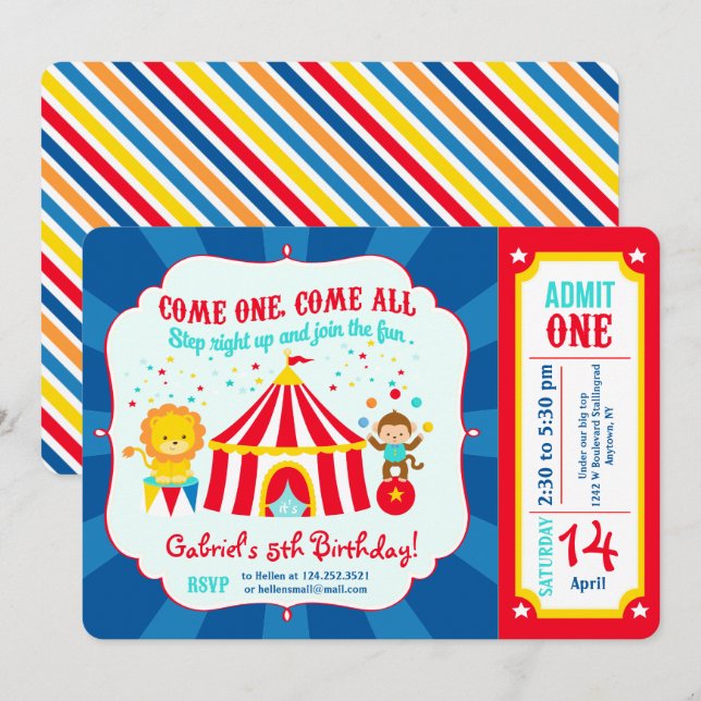 Circus Carnival Birthday Party Ticket Invitation (Front/Back)