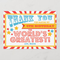 Circus Carnival Birthday Thank you card Big Top