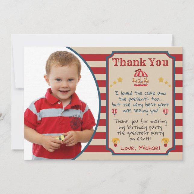 Circus Carnival Birthday Thank You Card With Photo (Front)
