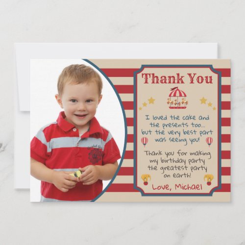 Circus Carnival Birthday Thank You Card With Photo