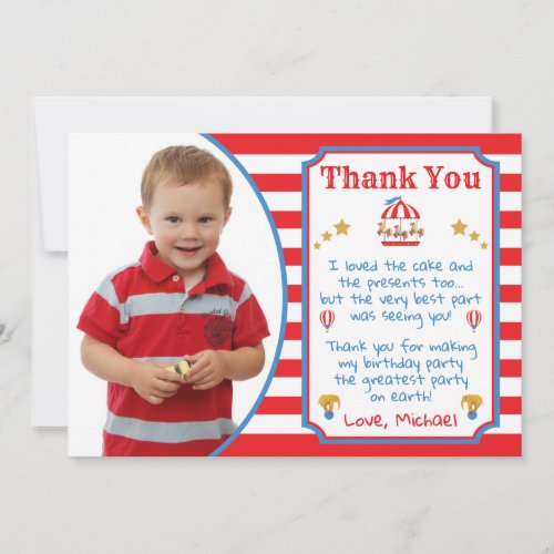 Circus Carnival Birthday Thank You Card With Photo