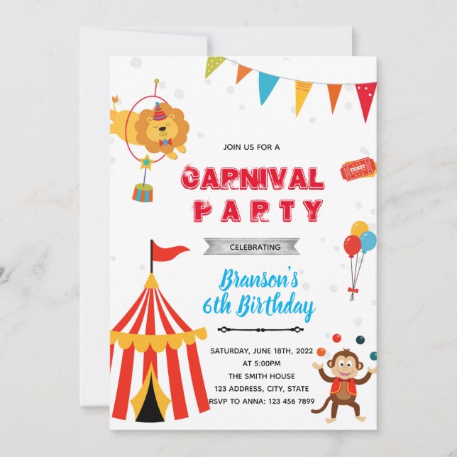 Circus carnival boy birthday invitation (Front)