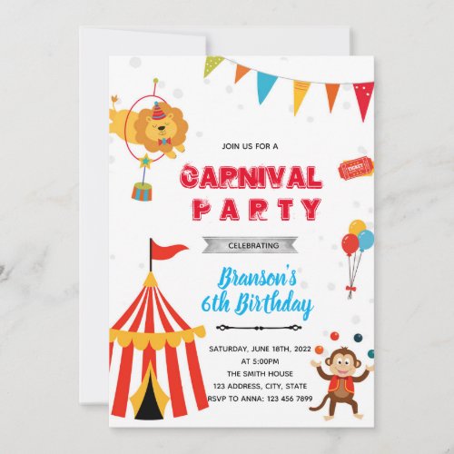 Circus carnival boy birthday invitation