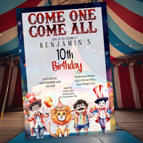Circus Carnival Boys 10th Birthday Invitation