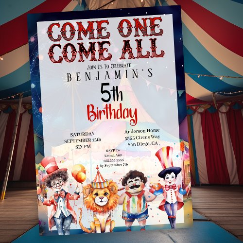Circus Carnival Boys 5th Birthday Invitation