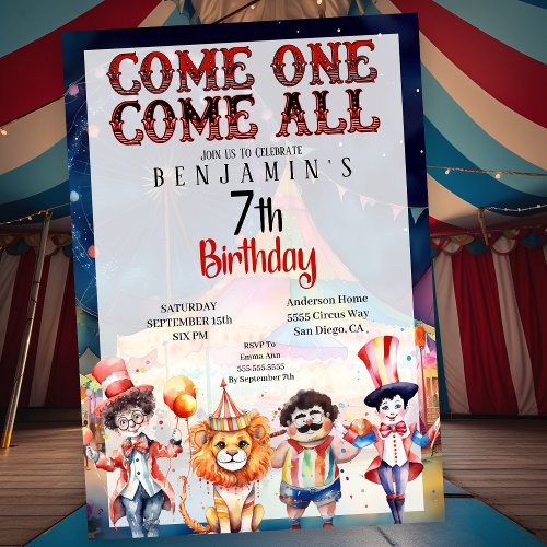 Circus Carnival Boys 7th Birthday Invitation