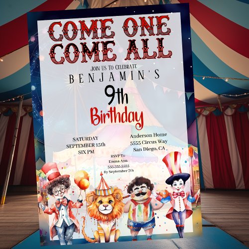 Circus Carnival Boys 9th Birthday Invitation