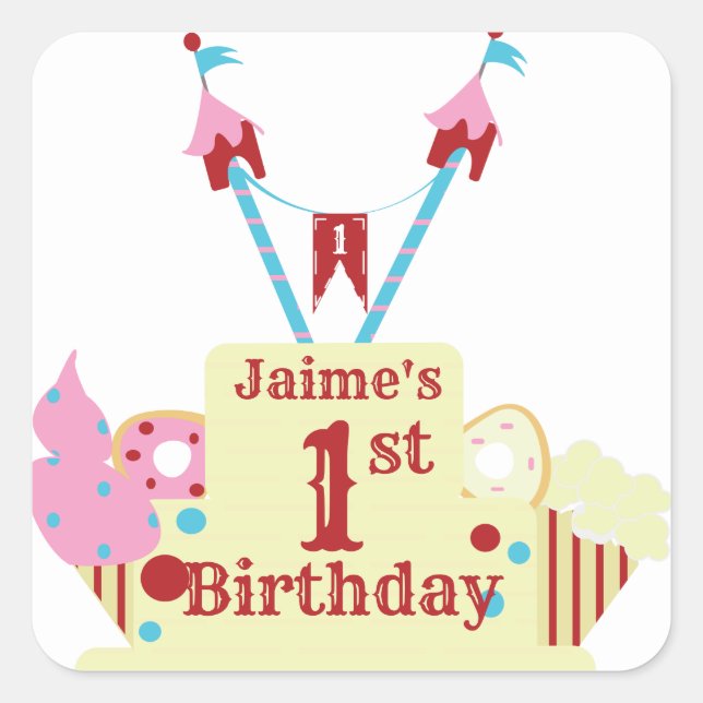 Circus Carnival Cake First Birthday Square Sticker (Front)