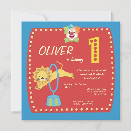 Circus Carnival Clown First 1st Birthday Party Invitation