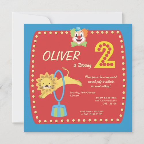 Circus Carnival Clown Second 2nd Birthday Party Invitation