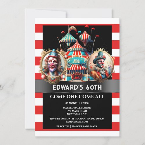 Circus carnival clowns showman tent flags striped invitation