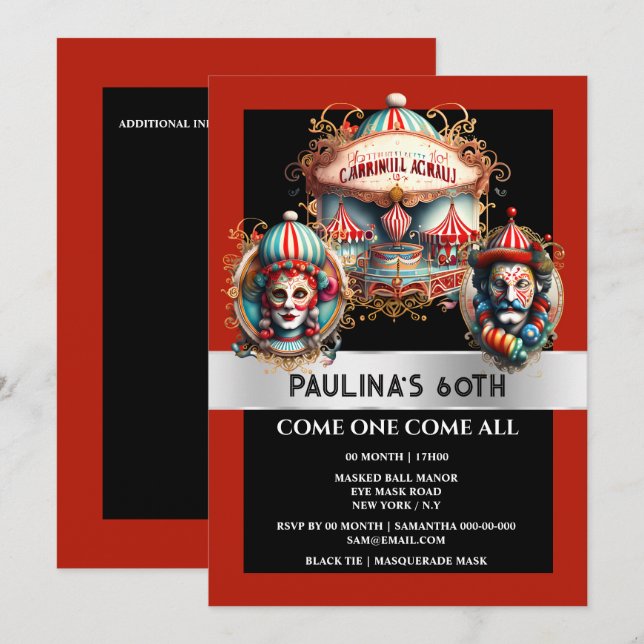Circus carnival clowns sign adults theme birthday invitation (Front/Back)
