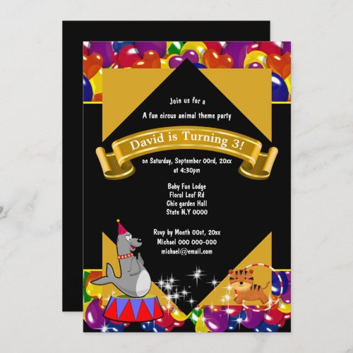 Circus carnival cute tiger seal balloon party invitation