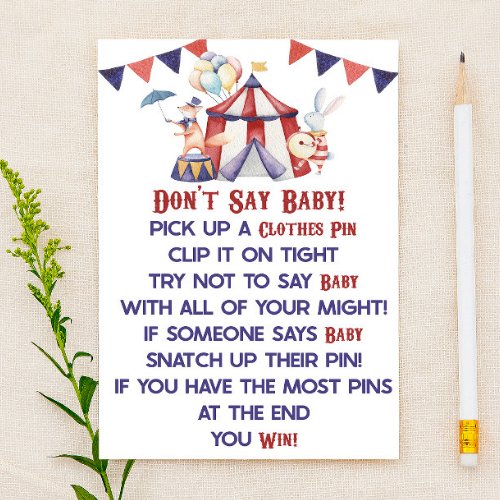 Circus Carnival Dont Say Baby Baby Shower Game Stationery