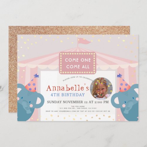 Circus Carnival Elephant Pink Girl Photo Birthday Invitation