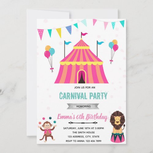 Circus carnival girl party birthday invitation