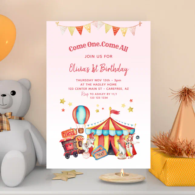 Circus Carnival Girls 1st Birthday Invitation | Zazzle