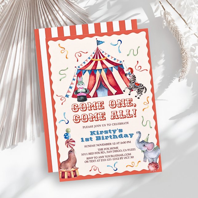 Circus Carnival Tent Animals 1st Birthday Invitation (Creator Uploaded)