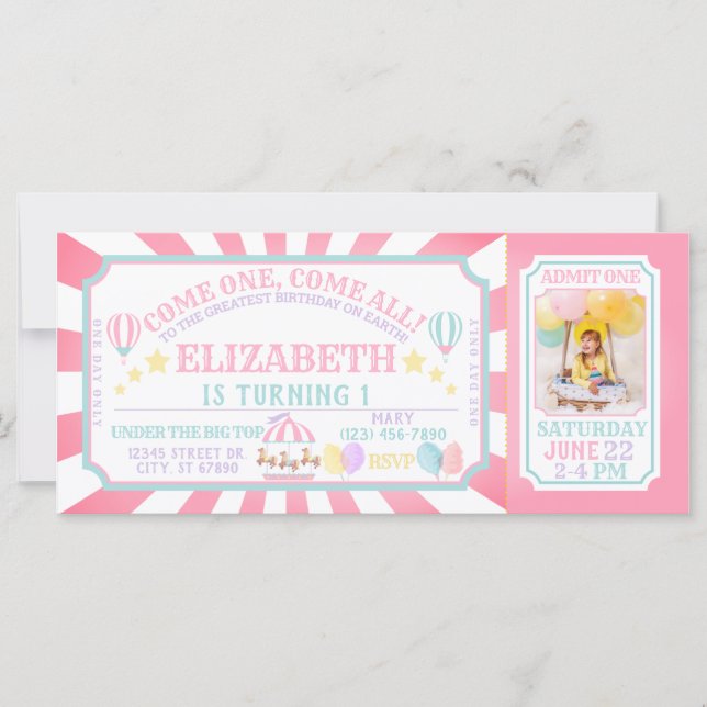Circus Carnival Ticket Birthday Invitation  (Front)