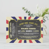 Circus Carnival Ticket Red Blue Baby Shower Invite (Standing Front)