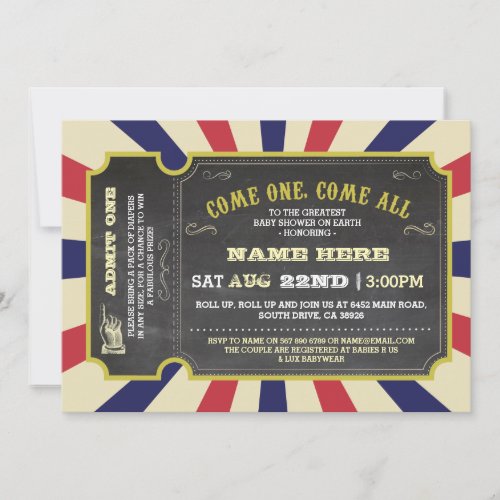 Circus Carnival Ticket Red Blue Baby Shower Invite