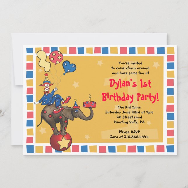 Circus Clown 1st Happy Birthday -Discount for Sari Invitation (Front)