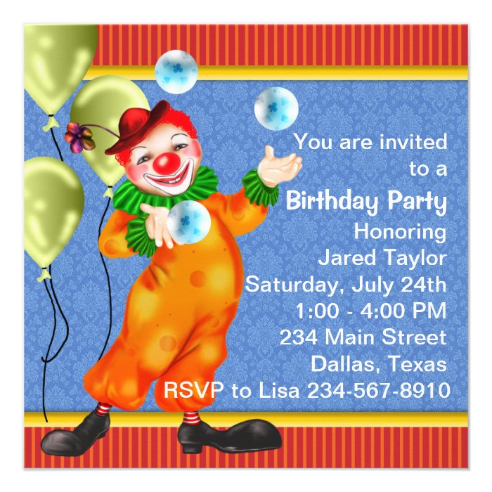 Circus Clown Birthday Party Invitations