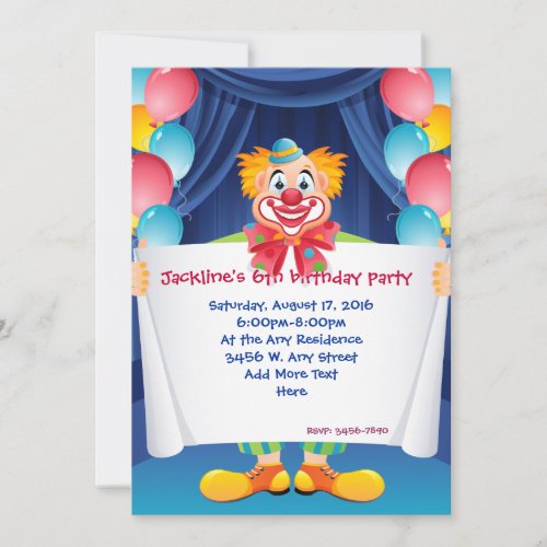 Circus Clown Kids Birthday Party Invitation 5x7