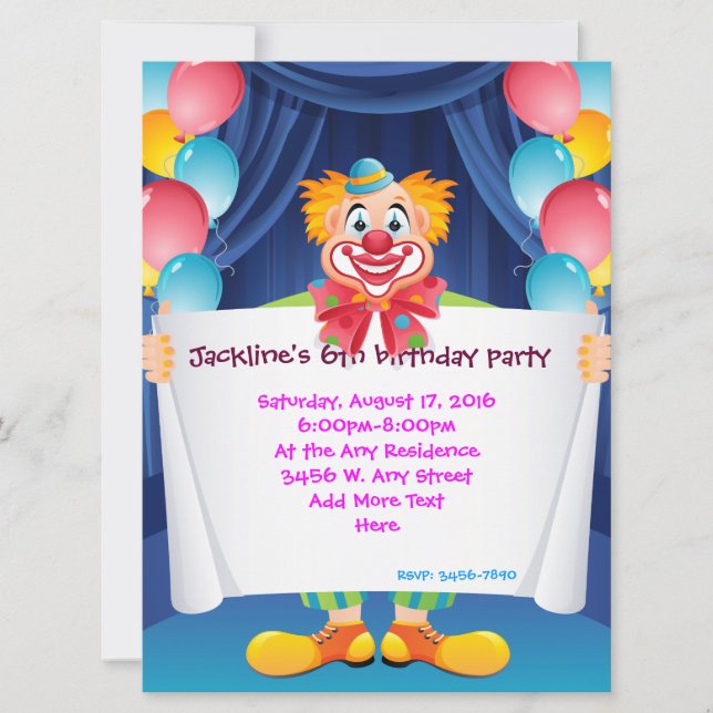Circus Clown Kids Party Invitation 6.5" x 8.75" (Front)