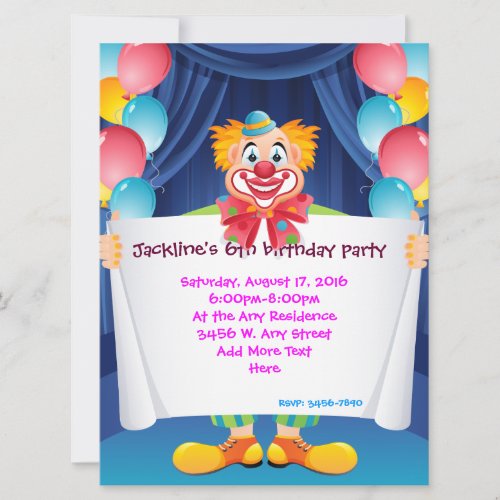 Circus Clown Kids Party Invitation 65 x 875