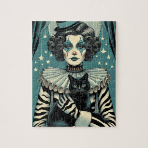 Circus Clown Woman and a black cat Jigsaw Puzzle