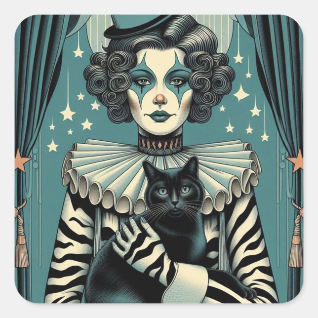 Circus Clown Woman and a black cat Square Sticker (Front)