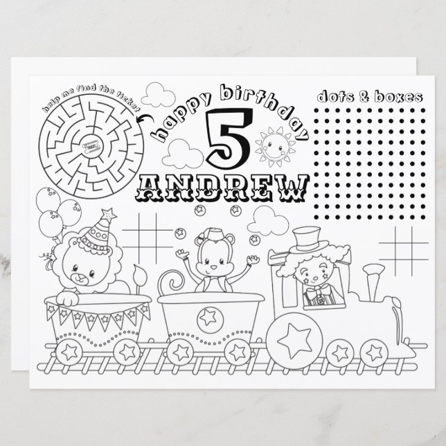 Circus Coloring Placemat, Carnival Activity Sheet (Front/Back)