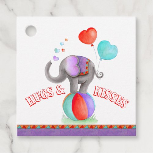 Circus elephant baby shower hugs and kisses favor tags